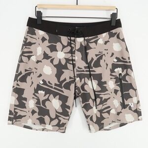 Vuori Infinity Board Shorts Mens 28 Gray Beige Floral Swim Trunk Side Zip Pocket